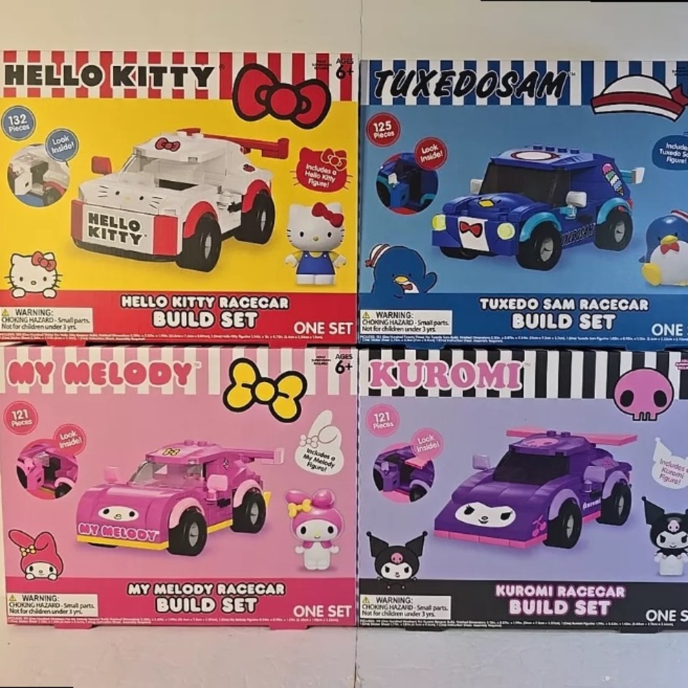 Sanrio Hello Kitty & Friends Racecar Building Block Set of 4 W/ Mini Figs!